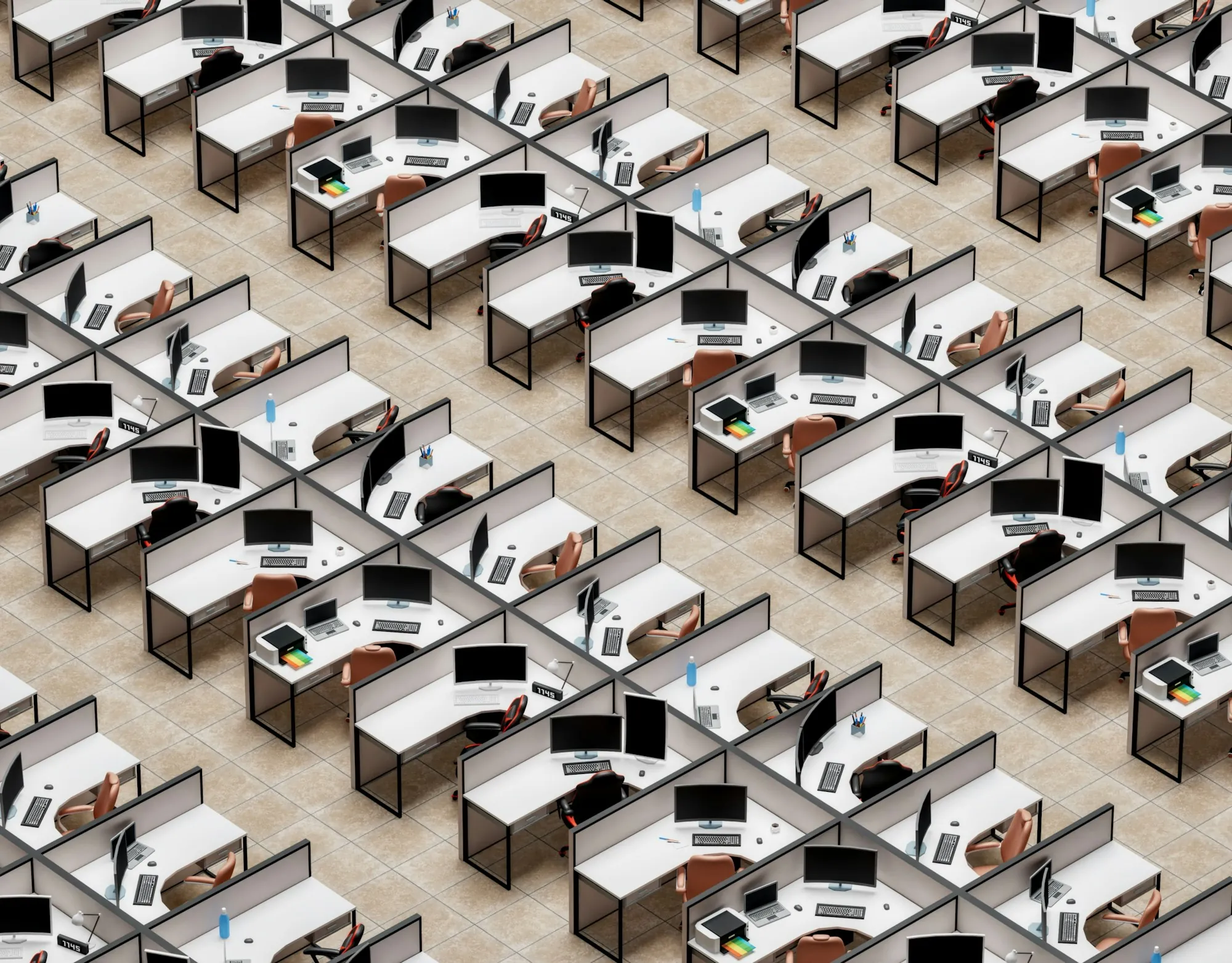 Overhead view of rows of office workstations